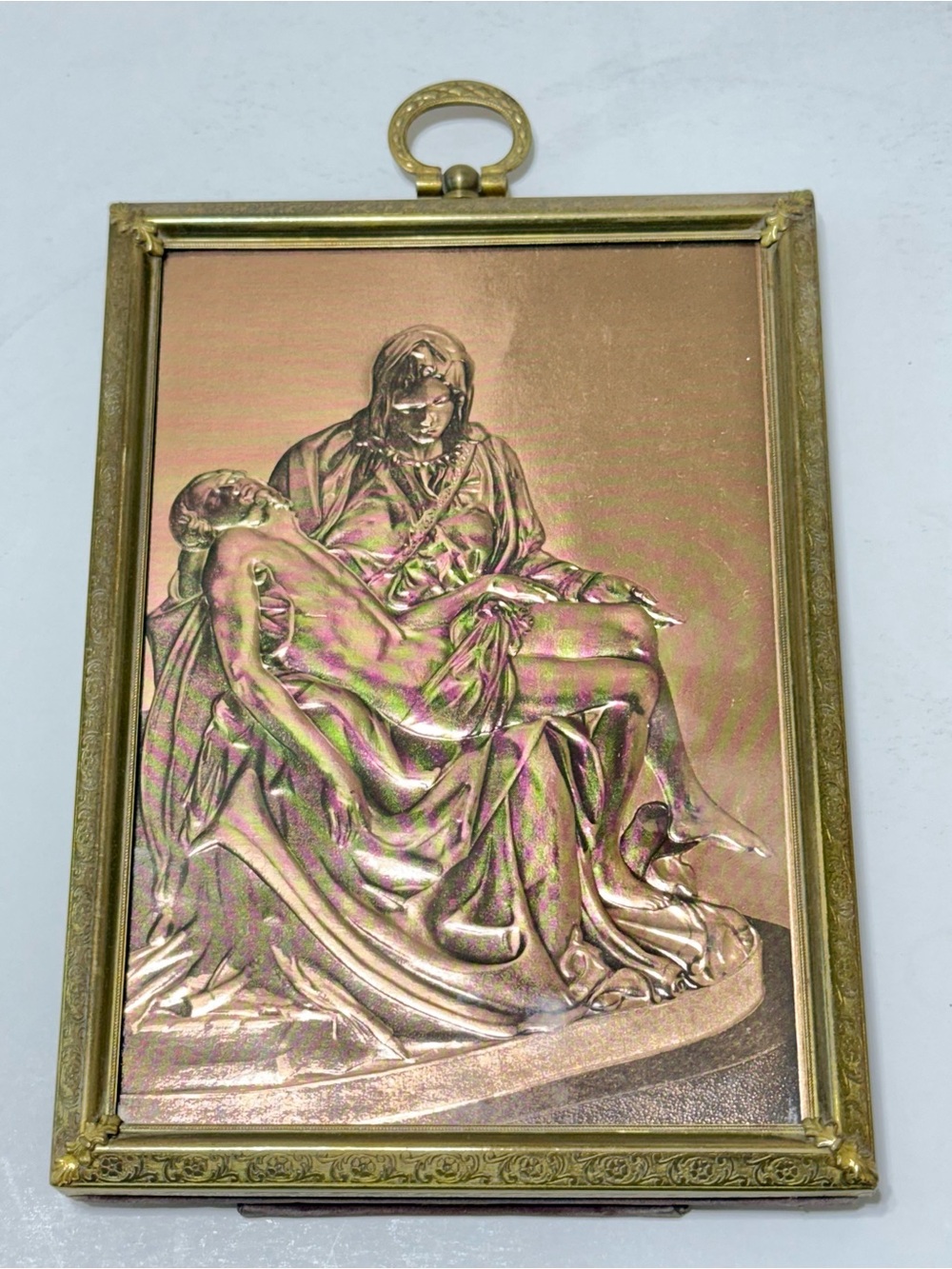 Vintage Michelangelo Pietà Copper Relief Wall Plaque Brass Frame Religious Art